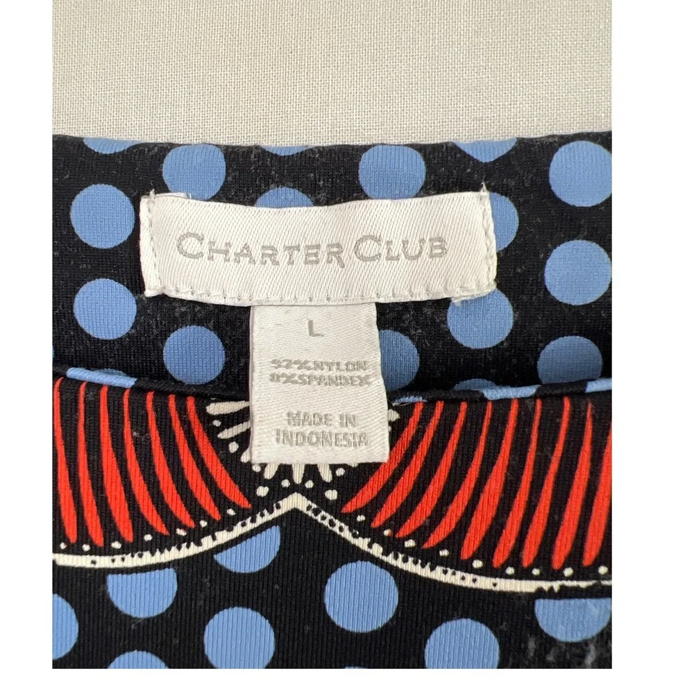 Charter Club Tunic Top Women Large Blue Red Paisley Polka Dot Stretch 3/4 Sleeve